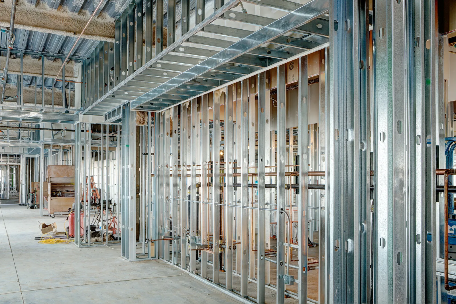 Steel stud structural framing during a commercial building addition